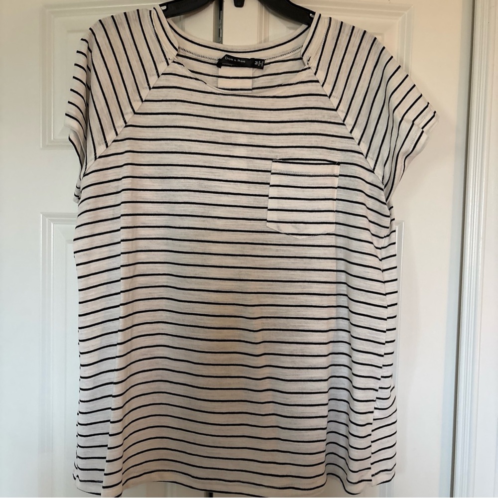 Doe & Rae White and Black Striped Short Sleeve Pocket Tee
